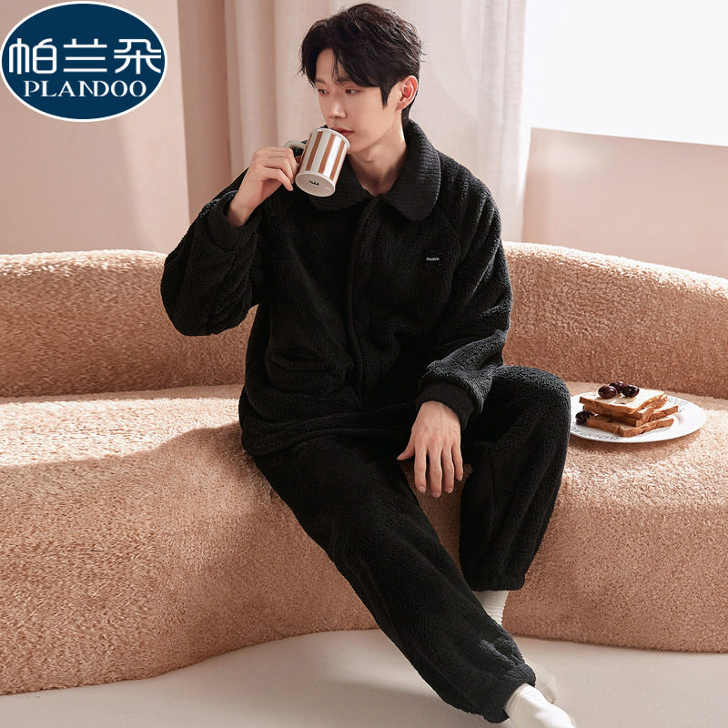 加绒加厚睡衣男士冬季珊瑚绒2025新款法兰绒开衫翻领青少年家居服