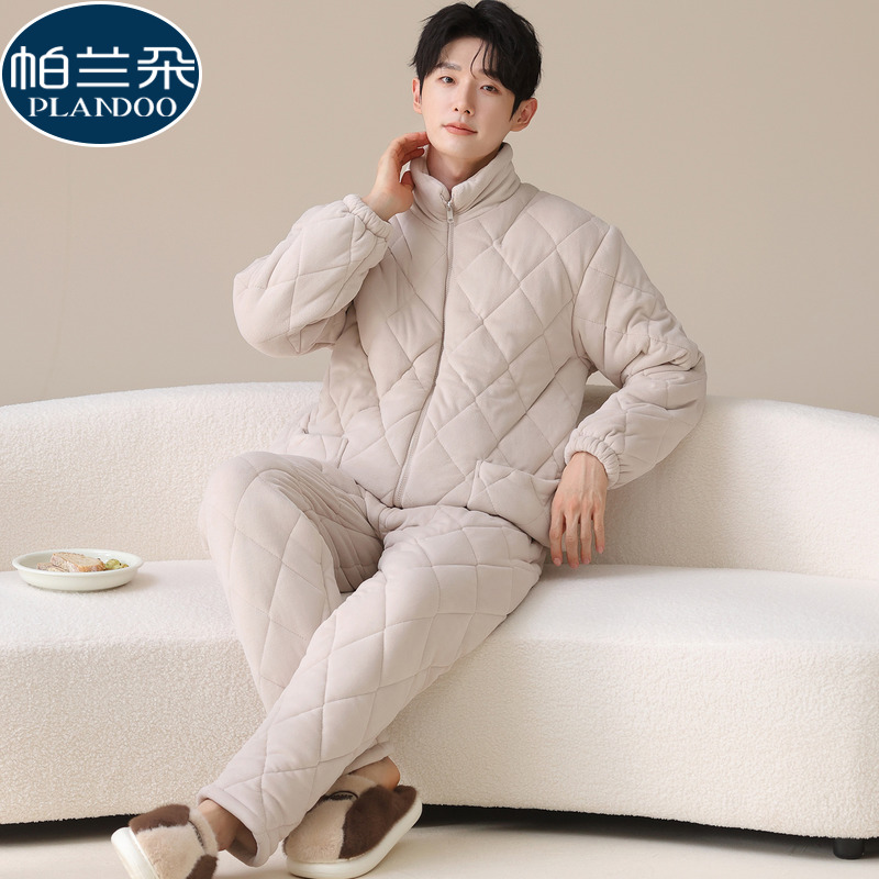 珊瑚绒三层夹棉袄睡衣男士冬季加厚2025新款青少年拉链家居服套装