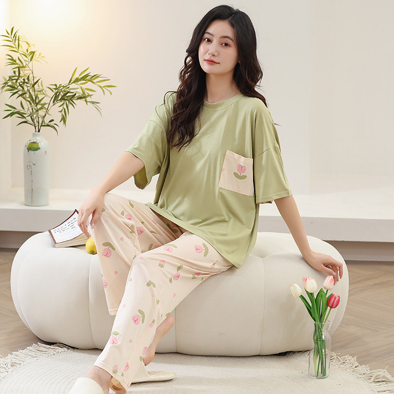 睡衣女款夏季莫代尔棉绸短袖长裤家居服夏天凉感薄款大码胖mm套装图片
