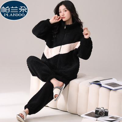 2025新款珊瑚绒睡衣女秋冬季加厚法兰绒潮流运动家居服套装可外穿