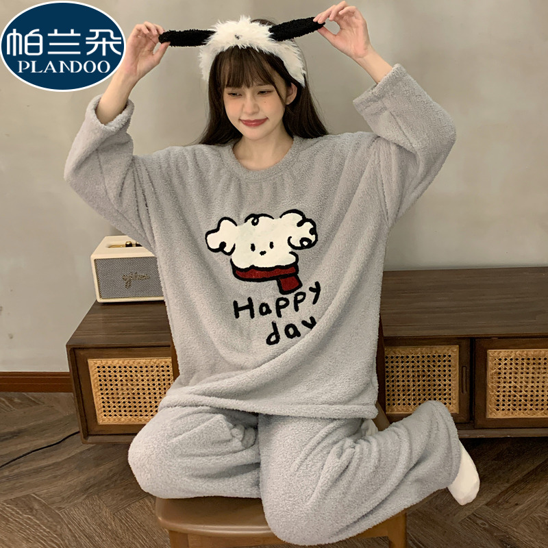 冬季睡衣女2025新款冬加厚半边绒少女卡通珊瑚绒套装可外穿家居服