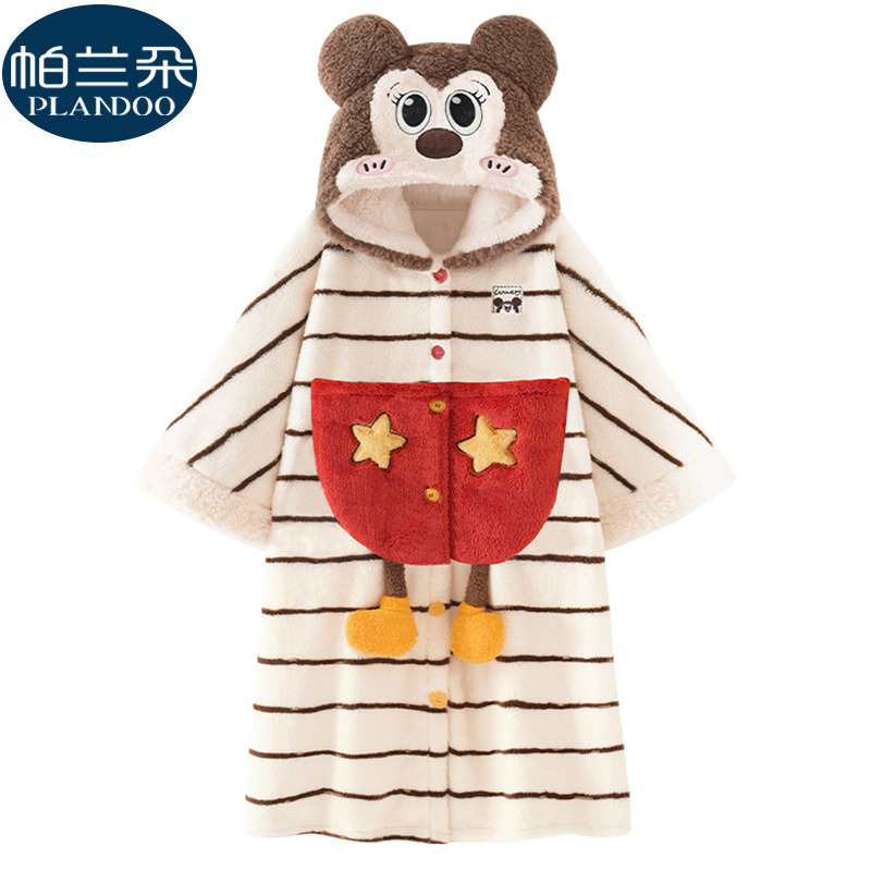 珊瑚绒连帽睡袍女款秋冬季加厚法兰绒条纹卡通可爱斗篷睡衣家居服