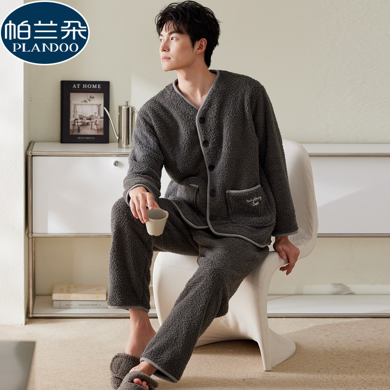珊瑚绒睡衣男士秋冬季2025新款半边绒加厚保暖青年长袖家居服套装