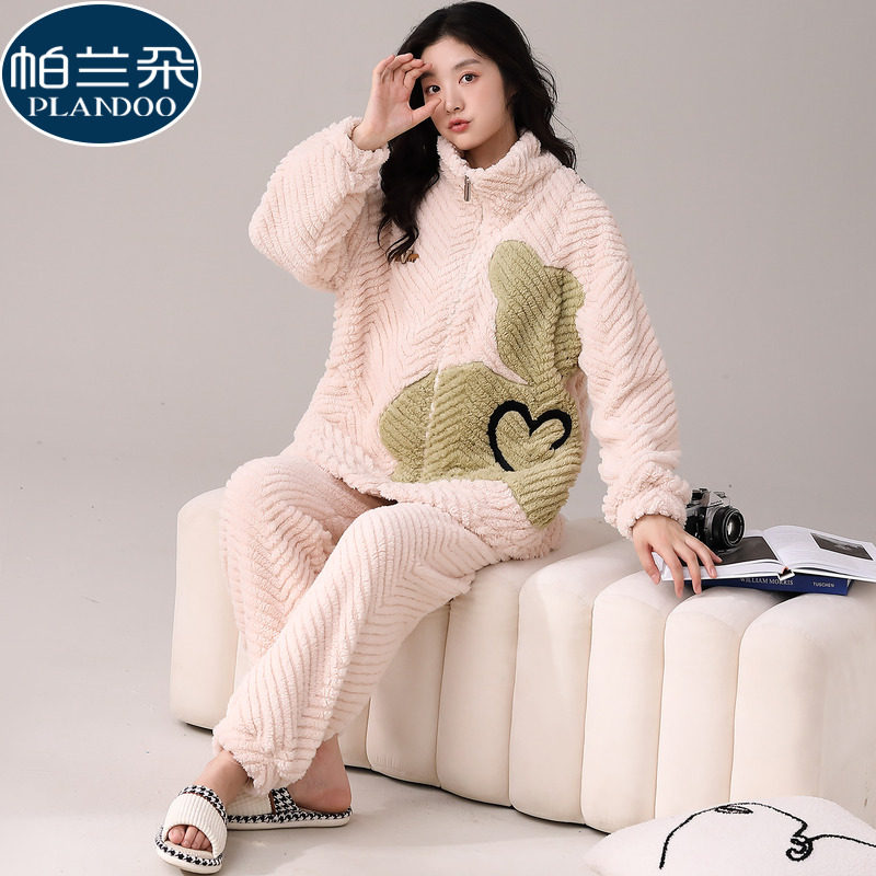 珊瑚绒睡衣女款秋冬季加厚加绒法兰绒2025新款开衫拉链卡通家居服