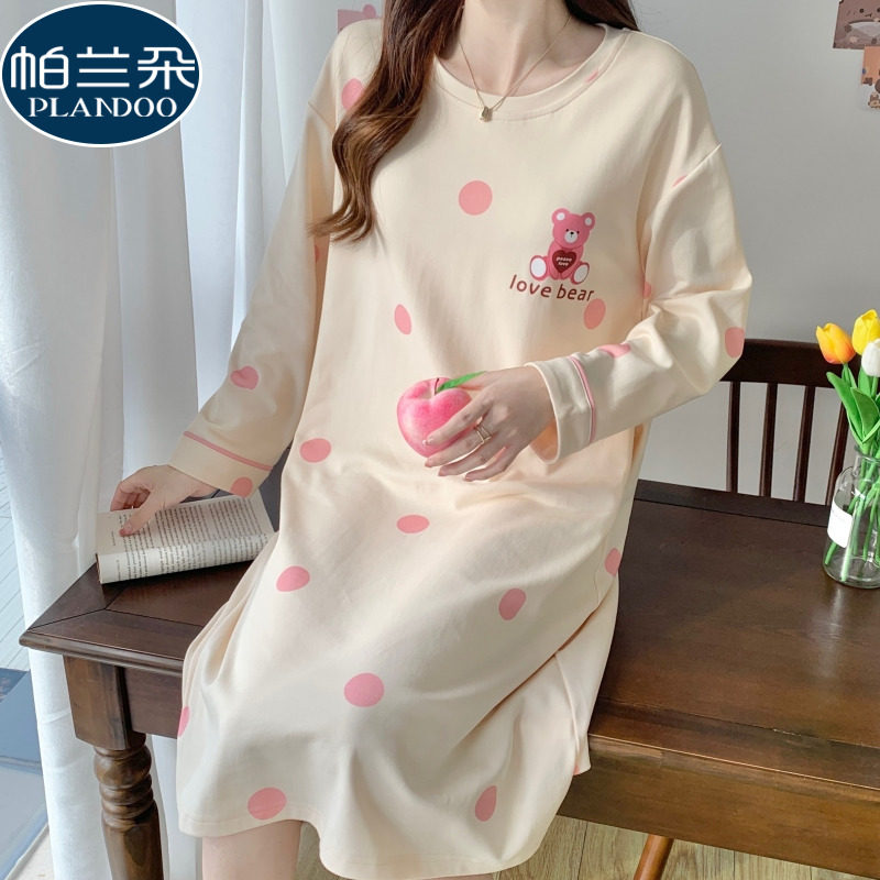 春秋款女士睡裙长袖纯棉可爱甜美少女卡通小熊秋季家居服睡衣裙子