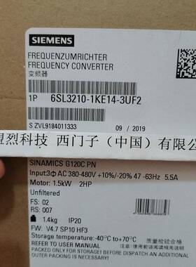 【议价】6SL3210-1KE14-3UF2 西门子G120C变频器1.5kw 6SL32101KE