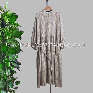 要得就是这味道设计师大气咖格纹重磅真丝鬼绉飘逸慵懒蚕丝连衣裙