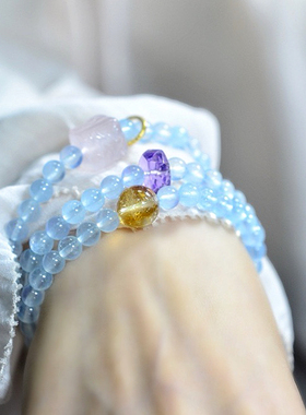 天然海蓝宝手串女款多圈新中式手链项链两用幸运手饰送女友闺蜜