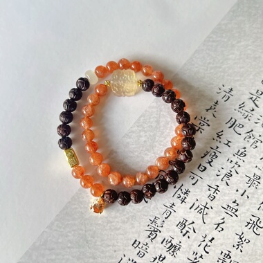 耀日 天然金太阳石手链女款原创设计小叶紫檀双圈手串招财转运珠