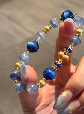 天青 天然玉化蓝晶石手链女款原创设计手串纯银爱心转运珠送礼物