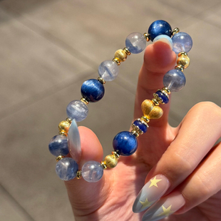 天青 天然玉化蓝晶石手链女款原创设计手串纯银爱心转运珠送礼物