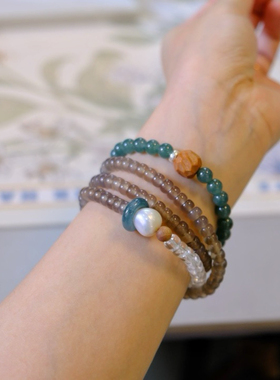 山野云烟 | 天然蓝水翡翠A货手链灰玛瑙直切多圈手串好运串珠女款