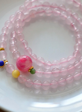 天然巴西粉晶手链女款原创设计多圈纯银手串项链招财转运珠礼物