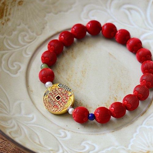纯银山鬼花钱天然朱砂手串女款本命年转运珠手链原创设计新年礼物