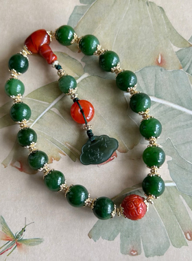 天然和田碧玉手持手串女款复古宫廷风南红玛瑙青玉如意锁汉服配饰