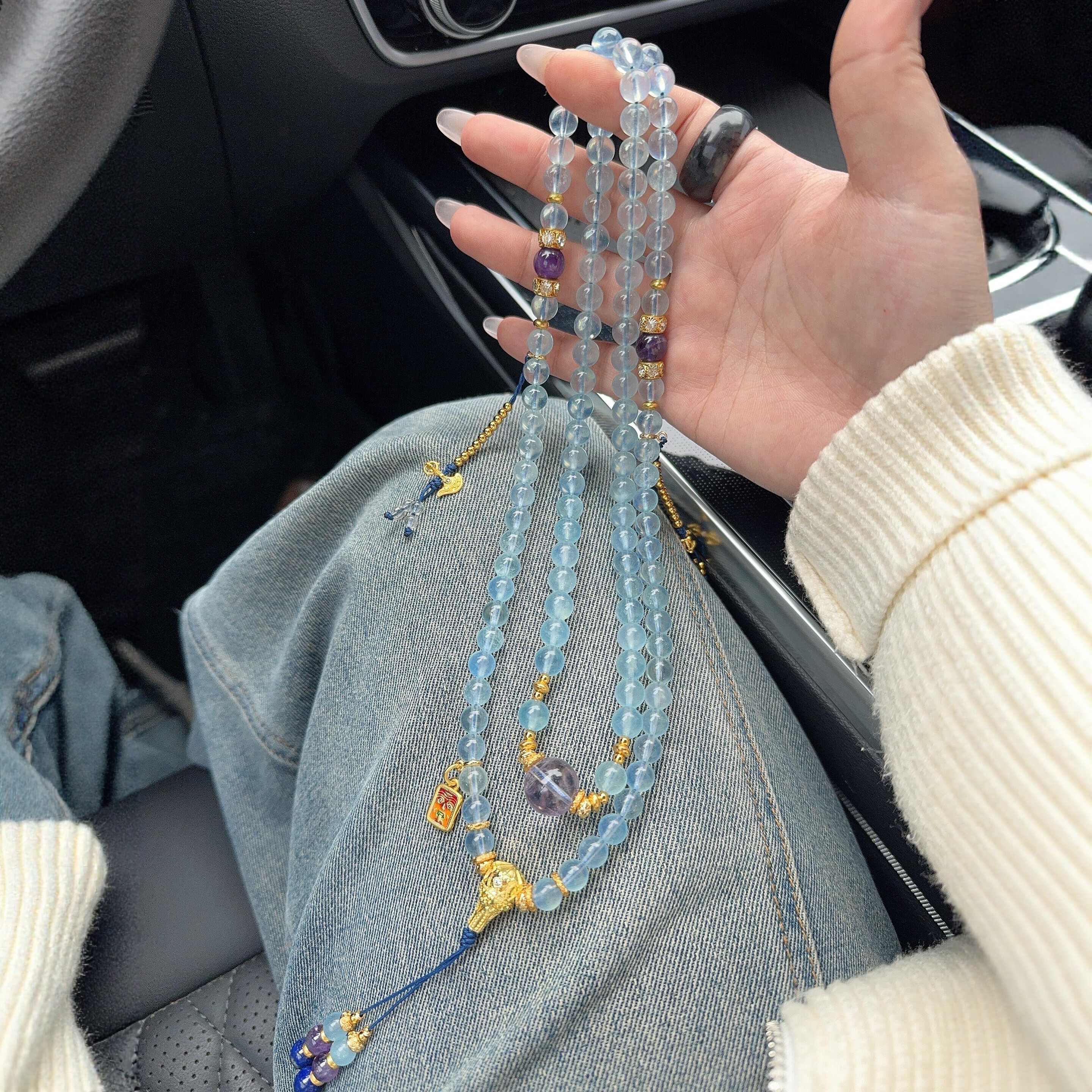 天然巴西海蓝宝手链女款108颗多圈手串新中式五行水鎏金项链礼物