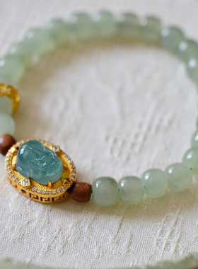 纯银鎏金镶蓝水翡翠A货貔貅天然和田玉冰底晴水手链玉石男女手串