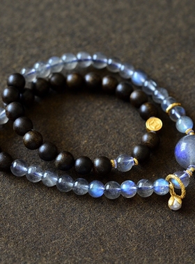 依月 | 原创设计天然灰月光石复古手串纯银鎏金沉香木双圈手链女