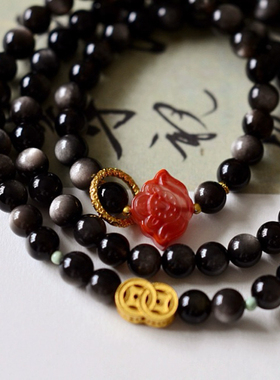 天然银曜石多圈手链女款纯银黑曜石项链手串送生日礼物轻奢好运