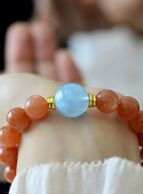 原创天然太阳石海蓝宝手串女款金草莓单圈手链幸运手饰送女友闺蜜
