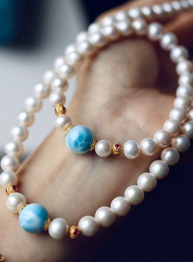 天然海纹石淡水珍珠项链手链套装时尚典雅夏日气质女款生日礼盒