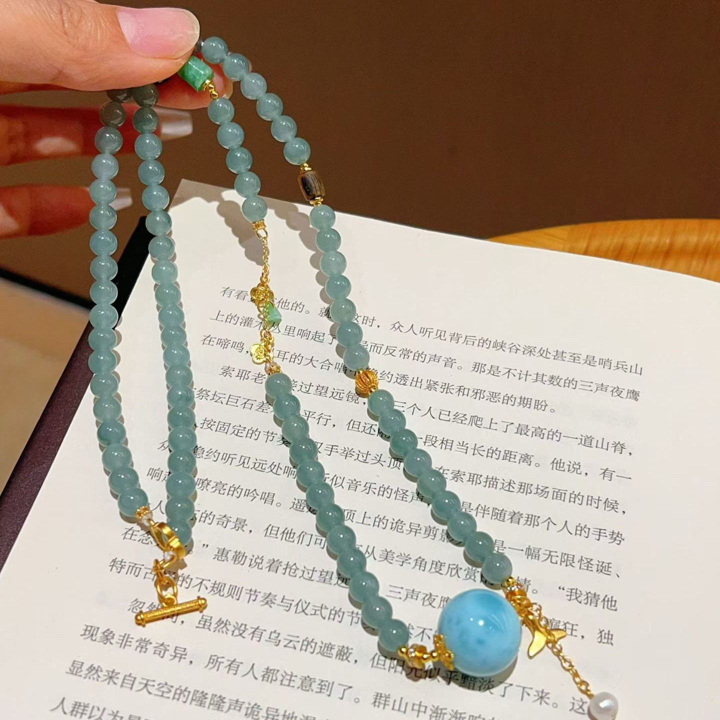 天然海纹石圆珠项链蓝水翡翠手链女款多圈手串饰品送朋友生日礼物
