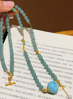 天然海纹石圆珠项链蓝水翡翠手链女款多圈手串饰品送朋友生日礼物