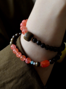 原创天然海南绿奇楠沉香双圈手串南红手链送女友闺蜜生日礼物小众