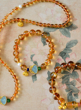 天然黄水晶项链多圈手串蓝水翡翠弥勒佛手链女新中式国风设计轻奢