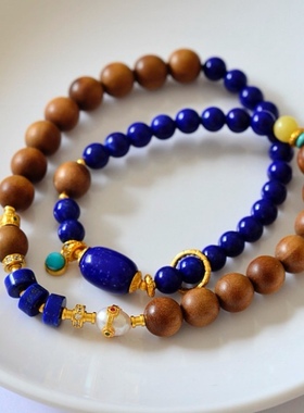 天然帝王青金石手链老山檀女款原创设计双圈手串招财转运珠送礼物