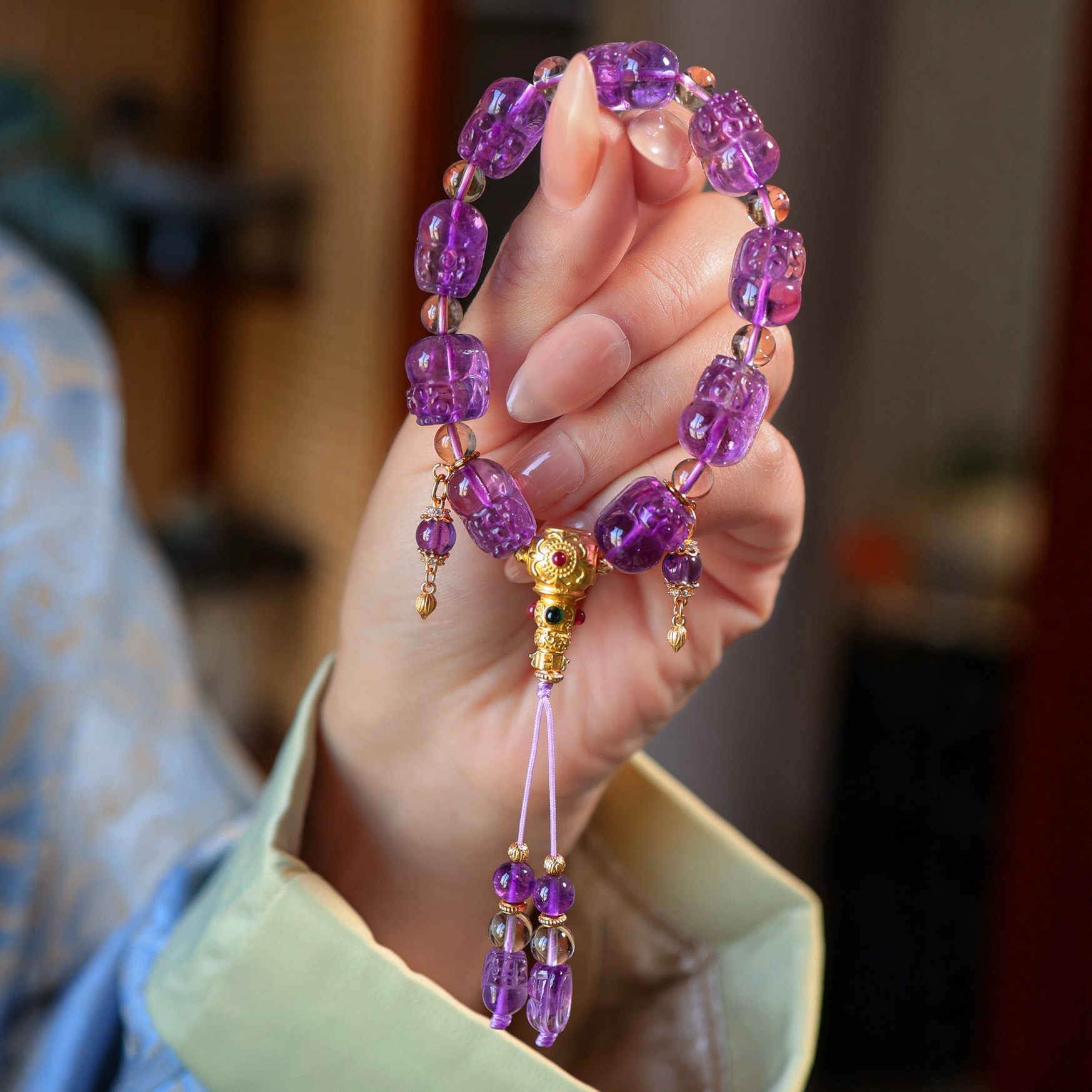 天然紫水晶貔貅手链女款手持原创设计复古手串纯银招财转运珠礼物