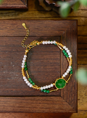 天然翡翠A货辣绿盘珠手链女淡水珍珠纯银鎏金双层手串女款无事牌