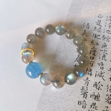 天然灰月光石手链女款925银镀金镶嵌海蓝宝高级感招财转运珠手饰