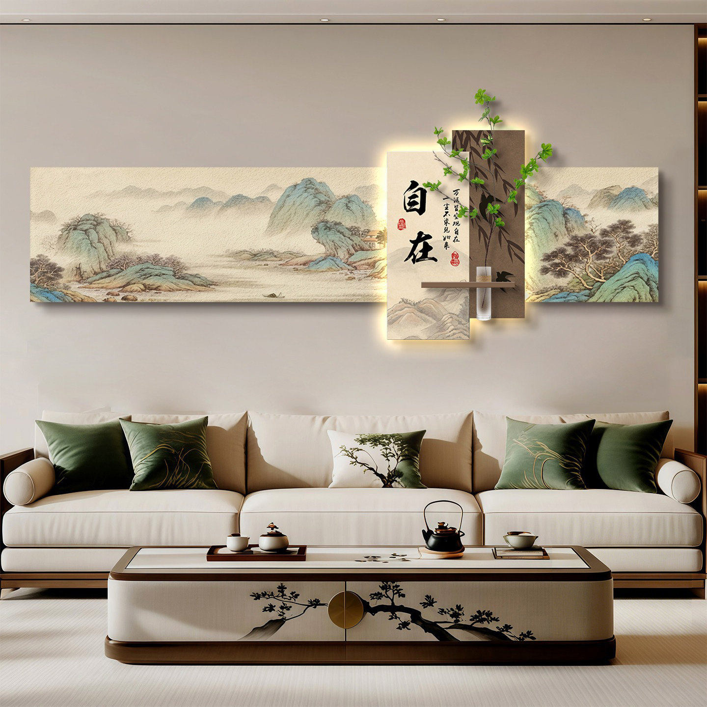 宋式美学客厅装饰画中式山水沙发背景墙挂画水培绿植带氛围灯壁画