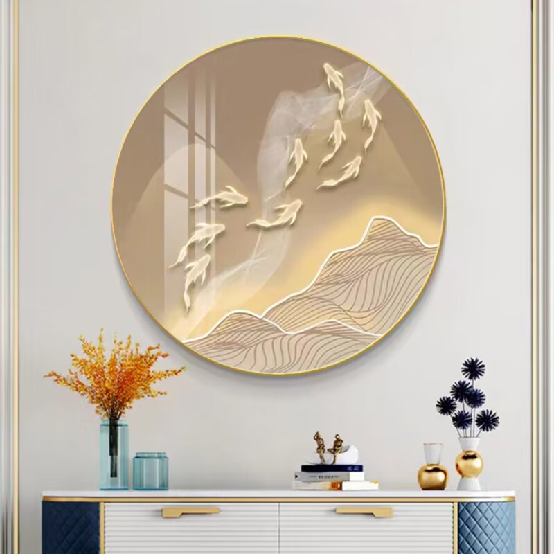 现代轻奢九鱼图玄关装饰画客厅餐厅背景墙挂画入户门走廊圆形壁画图片