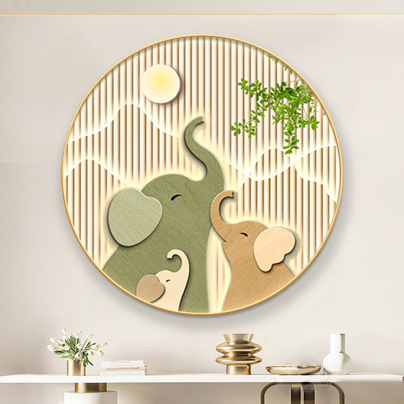轻奢玄关餐厅装饰画治愈系绿植客厅走道挂画简约创意圆形大象壁画图片