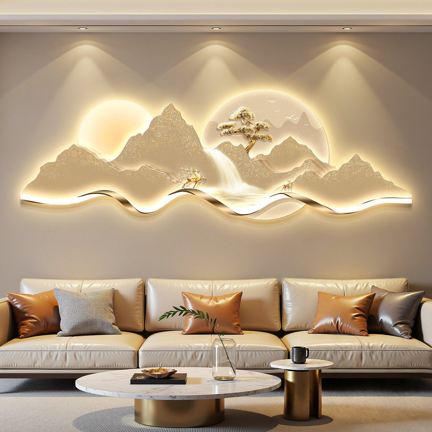 轻奢led带灯光客厅装饰画沙发背景墙挂画简约现代高级感山水壁画