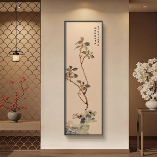 新中式 饰画入户走廊尽头挂画禅意茶室书房背景墙面壁画 花鸟玄关装