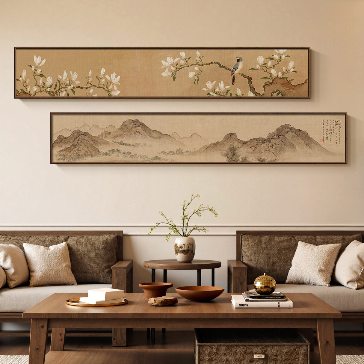 宋代美学禅意花鸟画沙发背景墙装饰画新中式客厅书房背景墙面壁画