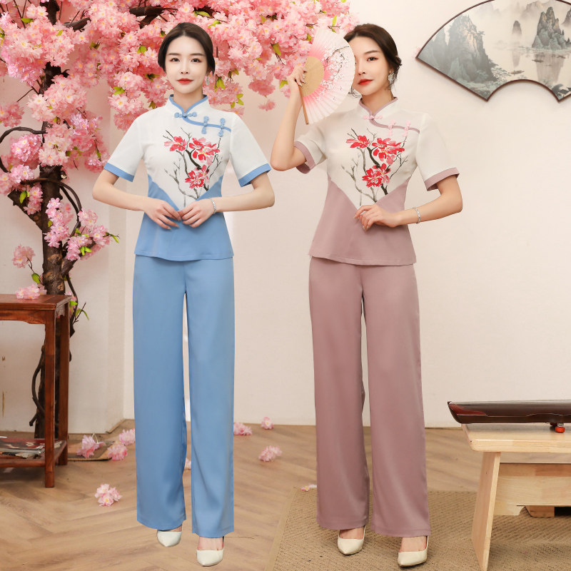 技师工作服女美容院足疗师衣服中国风气质高端养生馆采耳足浴工装