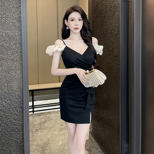 夜场性感吊带连衣裙女黑色修身显瘦短裙工作服高腰修身型套头V领
