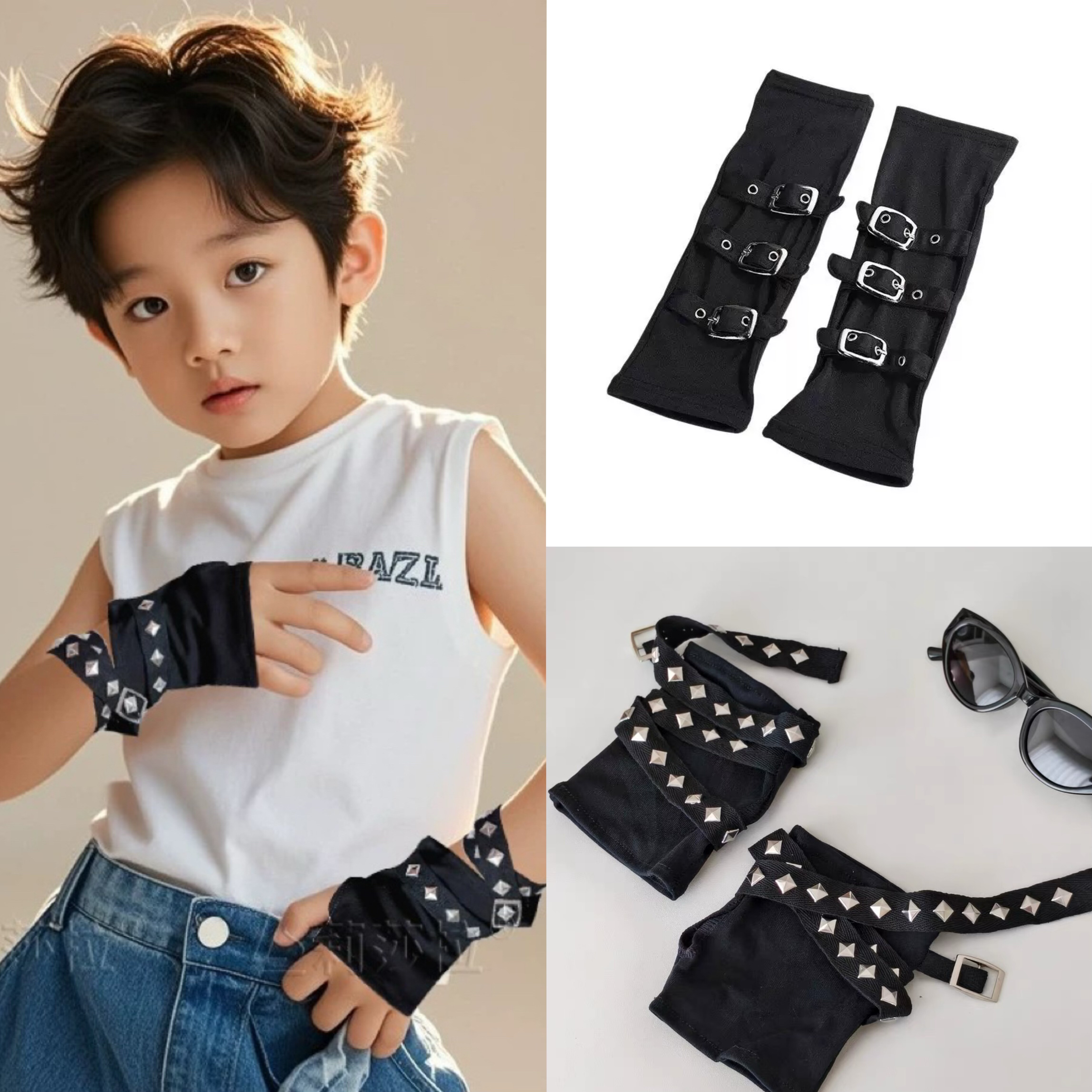 儿童朋克铆钉手袖hiphop街舞演出装饰酷帅个性绑带露指手套配饰潮