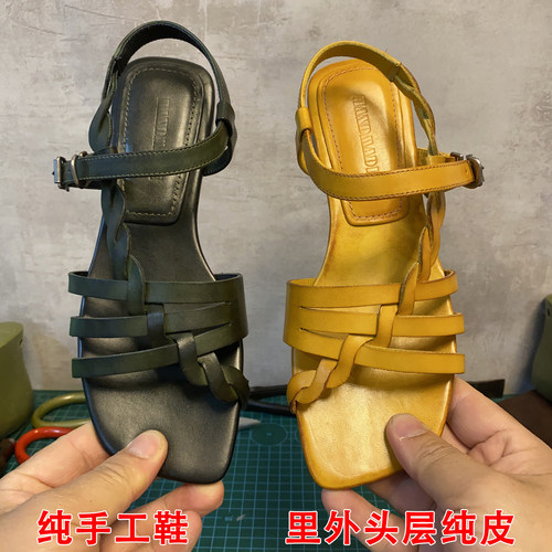 夏季真皮编织平底罗马凉鞋女