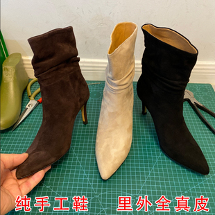 真皮中筒骑士靴女磨砂羊皮细跟秋冬尖头短靴显瘦高跟马丁靴堆堆靴