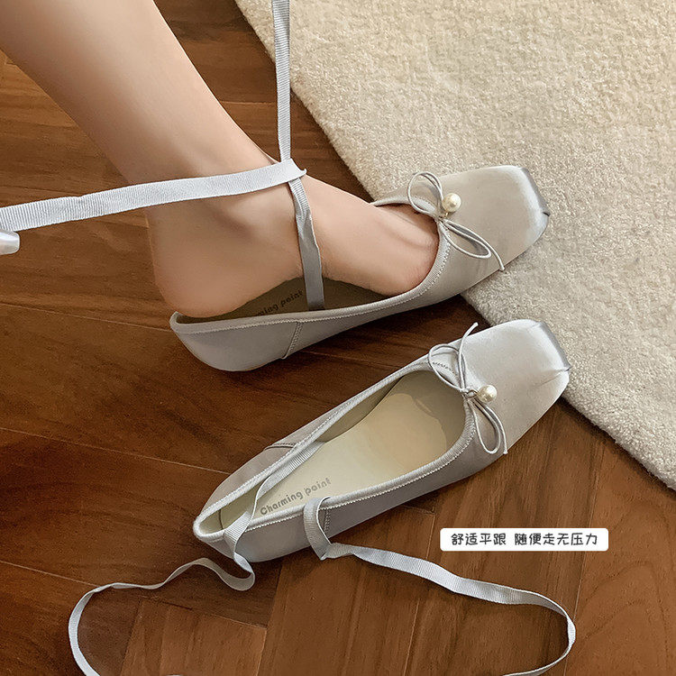 手工真皮丝绸缎法式复古芭蕾舞单鞋女夏季绑带蝴蝶结平底玛丽珍鞋