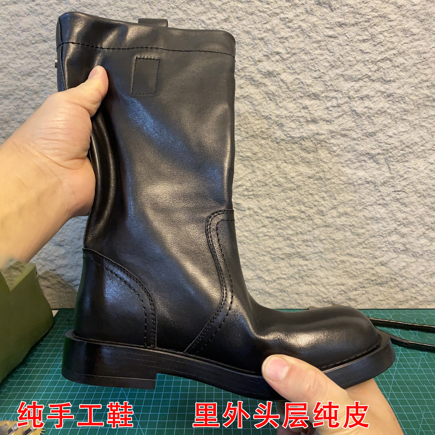 手工头层纯牛皮褶皱一脚蹬直筒靴