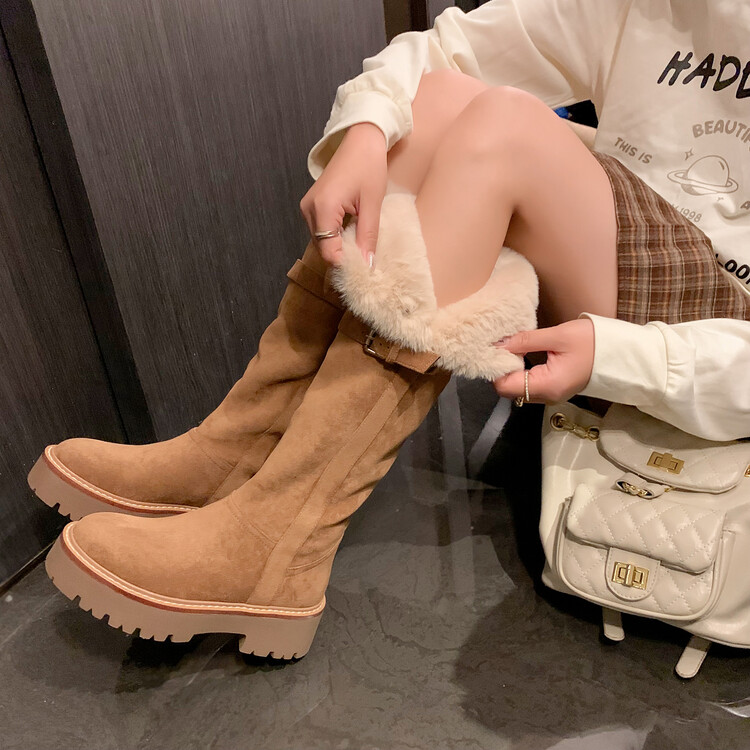 长筒靴羊皮毛一体两穿显瘦厚底