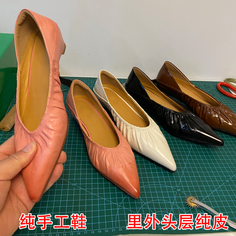 褶皱尖头单鞋女V口奶奶鞋一脚蹬