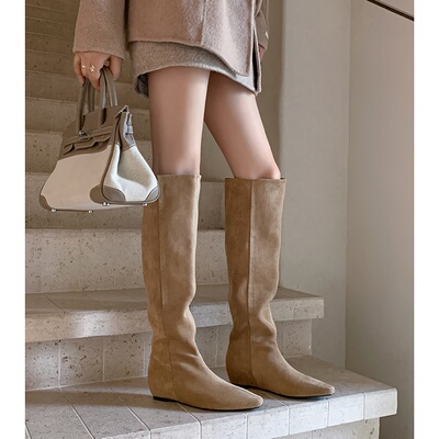 真皮绒面大筒围中筒堆堆靴