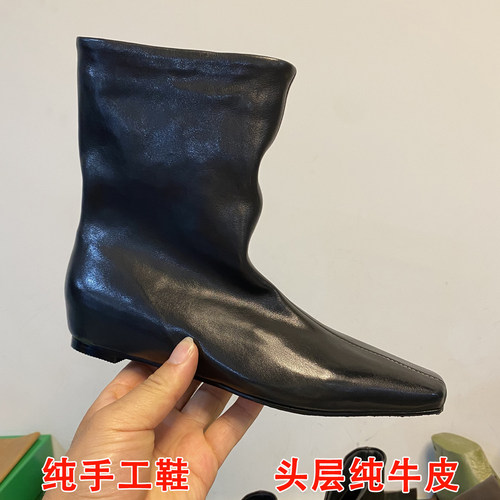 欧美真皮尖头内增高显瘦短靴女